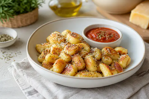 Ñoquis de patata crujientes y dorados en un plato hondo, con queso parmesano rallado, orégano y una salsa de tomate al lado