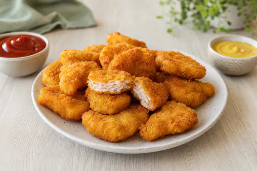 Nuggets de pollo caseros dorados y crujientes en un plato, uno partido para enseñar el interior, con salsas para mojar