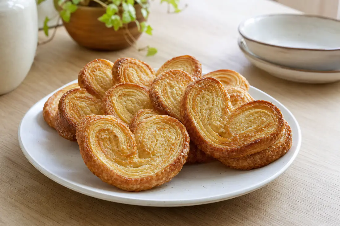 Palmeritas de hojaldre doradas y caramelizadas, con forma de corazón, dispuestas en un plato blanco sobre una mesa de madera
