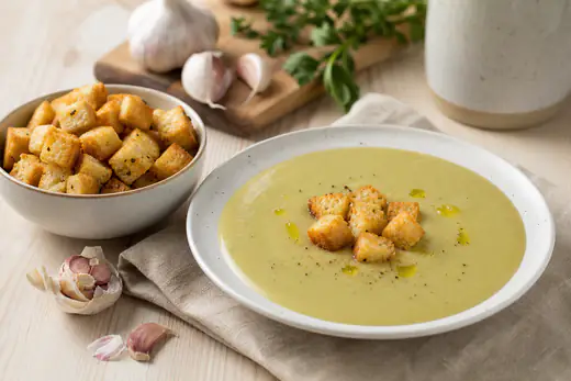 Cuenco de picatostes dorados y crujientes con ajo, junto a un plato de crema de verduras en una mesa de cocina