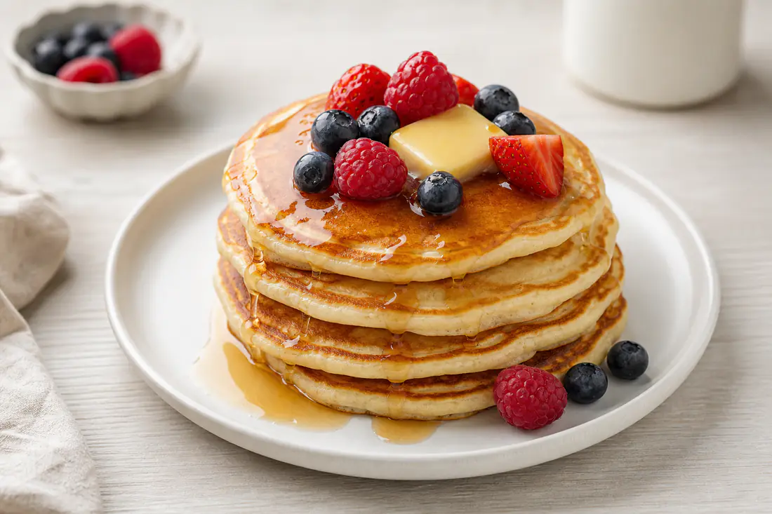 Pila de tortitas americanas esponjosas con mantequilla, sirope de arce y frutos rojos sobre un plato blanco