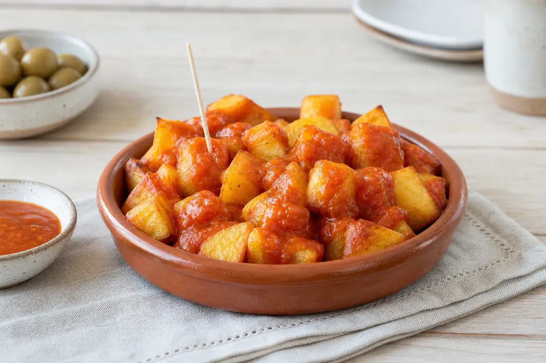 Patatas bravas en dados dorados con salsa brava roja anaranjada por encima, servidas en un plato de barro con un palillo