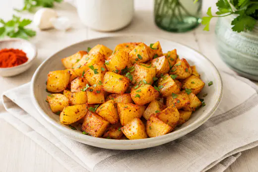 Cuenco de patatas en dados doradas y crujientes, sazonadas con pimentón y perejil picado, sobre una mesa de cocina