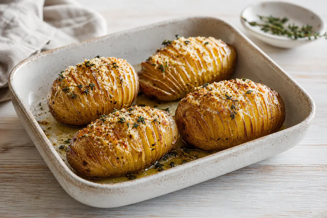 Cuatro patatas hasselback en abanico, doradas, con ajo, tomillo y parmesano, servidas en una fuente rústica