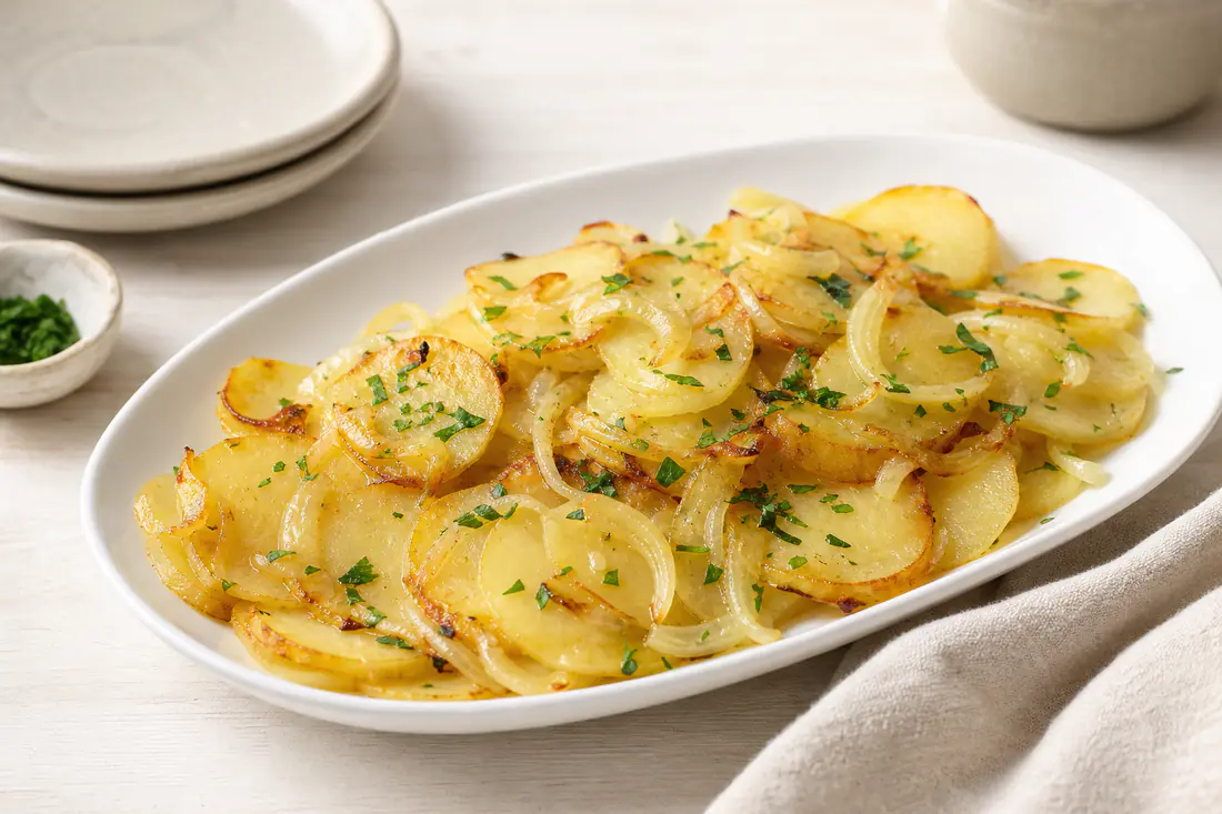 Patatas panaderas en rodajas finas con cebolla pochada, doradas por los bordes y con perejil picado, en una fuente blanca
