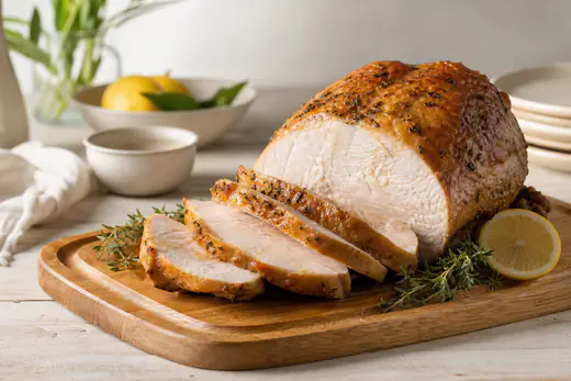 Pechuga de pavo asada entera, dorada, cortada en lonchas gruesas sobre una tabla de madera con ramitas de tomillo