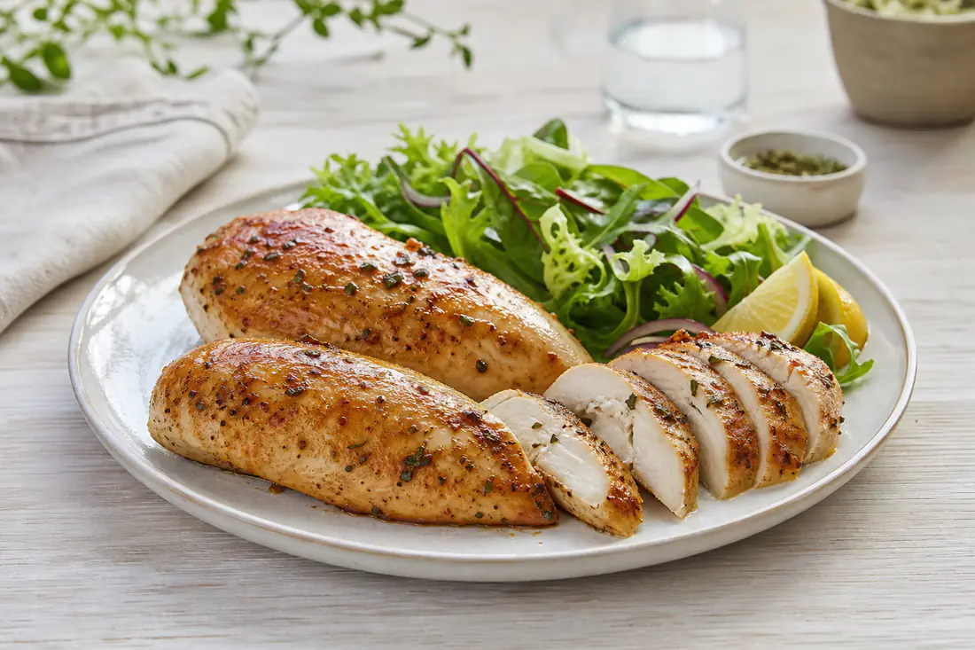 Dos pechugas de pollo enteras doradas, una de ellas cortada en lonchas para mostrar el interior jugoso, con ensalada