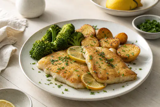 Dos lomos de pescado blanco dorados con perejil y rodajas de limón, servidos con patatas y brócoli en un plato