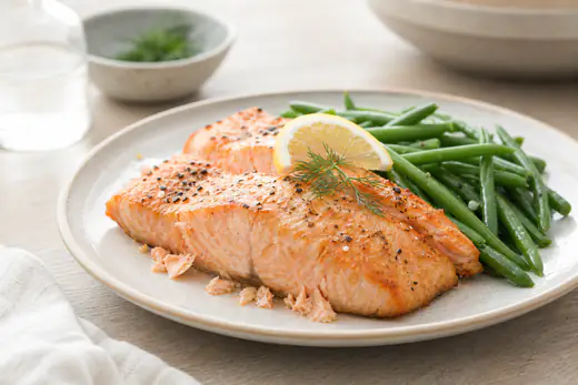 Dos lomos de salmón cocinados, de carne rosada, con limón y eneldo, servidos con judías verdes en un plato