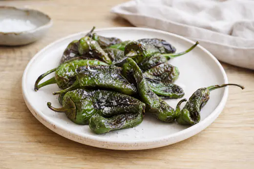 Pimientos de Padrón con la piel ampollada y tostada, espolvoreados con sal en escamas, servidos en un plato pequeño de cerámica