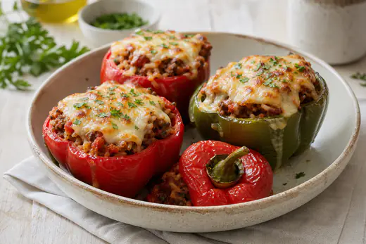 Pimientos rojos y verdes rellenos de carne picada y arroz, gratinados con queso, servidos con su tapa en un plato hondo