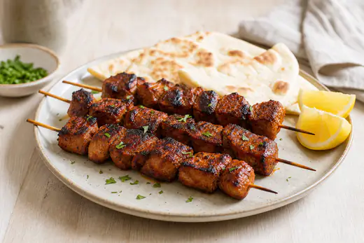 Pinchos morunos de cerdo adobados, dorados y con los bordes tostados, servidos en un plato con pan y limón