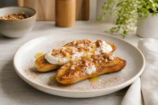 Mitades de plátano asado con los bordes caramelizados, con yogur griego, nueces picadas y un hilo de miel en un plato