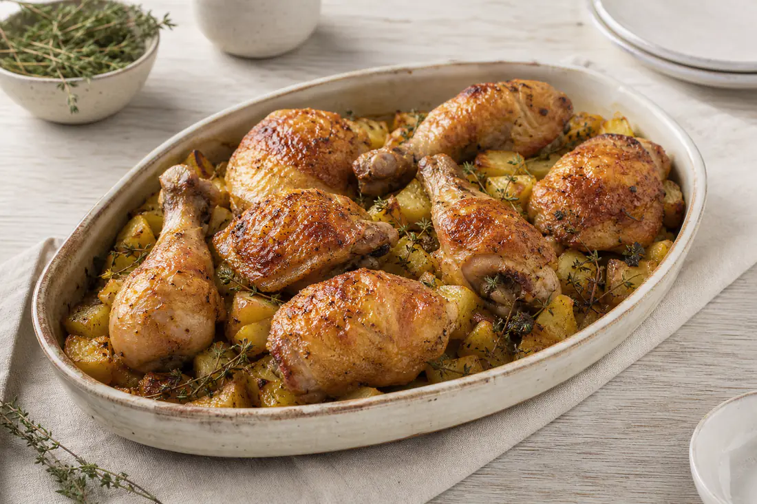 Trozos de pollo con la piel dorada y crujiente sobre patatas en cubos, servidos en una fuente con ramitas de tomillo