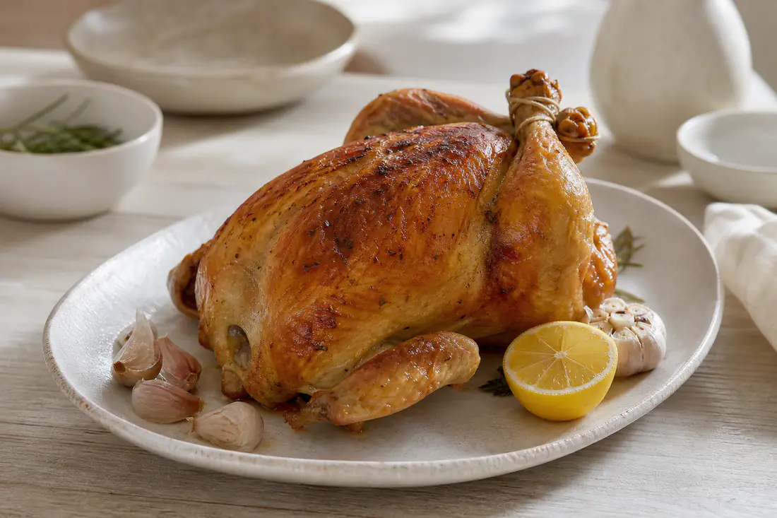 Pollo entero asado con la piel dorada y brillante, atado con hilo de cocina, en una fuente con limón y ajos