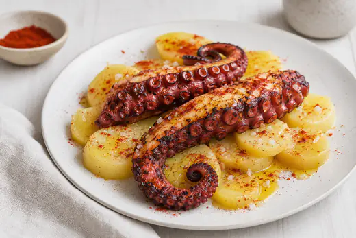 Patas de pulpo crujientes sobre rodajas de patata cocida, con aceite de oliva, pimentón y sal gruesa