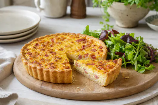 Quiche lorraine redonda, dorada, con una porción cortada que muestra el relleno cuajado de panceta y queso, sobre una tabla de madera