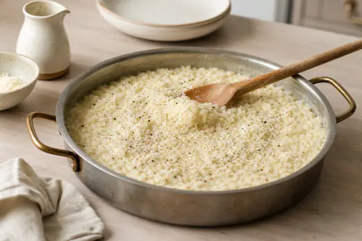 Molde redondo de metal con risotto cremoso de parmesano, queso rallado y pimienta negra por encima, con una cuchara de madera