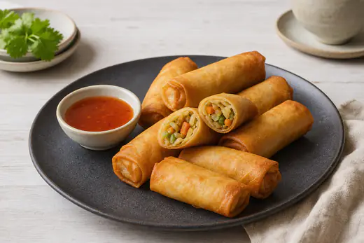 Seis rollitos de primavera crujientes y dorados, uno cortado por la mitad con el relleno de verduras, con salsa agridulce en un cuenco