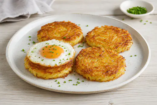 Cuatro rosti de patata dorados y crujientes en un plato, con un huevo frito encima de uno y cebollino picado