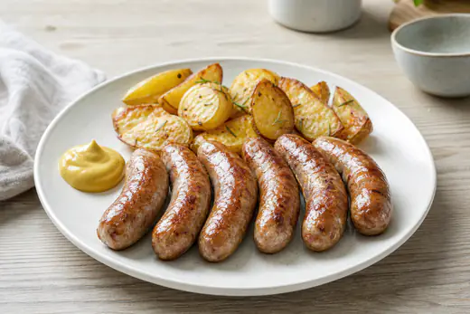 Salchichas frescas doradas y brillantes, servidas en un plato blanco con mostaza y patatas