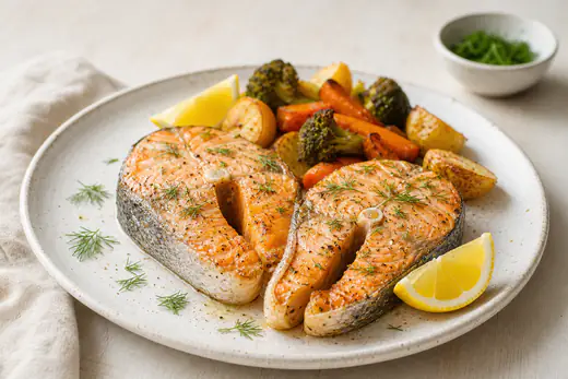 Dos rodajas gruesas de salmón con la espina central y la piel visibles, doradas con limón y eneldo, sobre un plato con verduras asadas