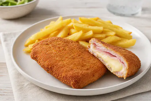 Dos san jacobos dorados y crujientes, uno cortado por la mitad con queso fundido y jamón york, con patatas fritas