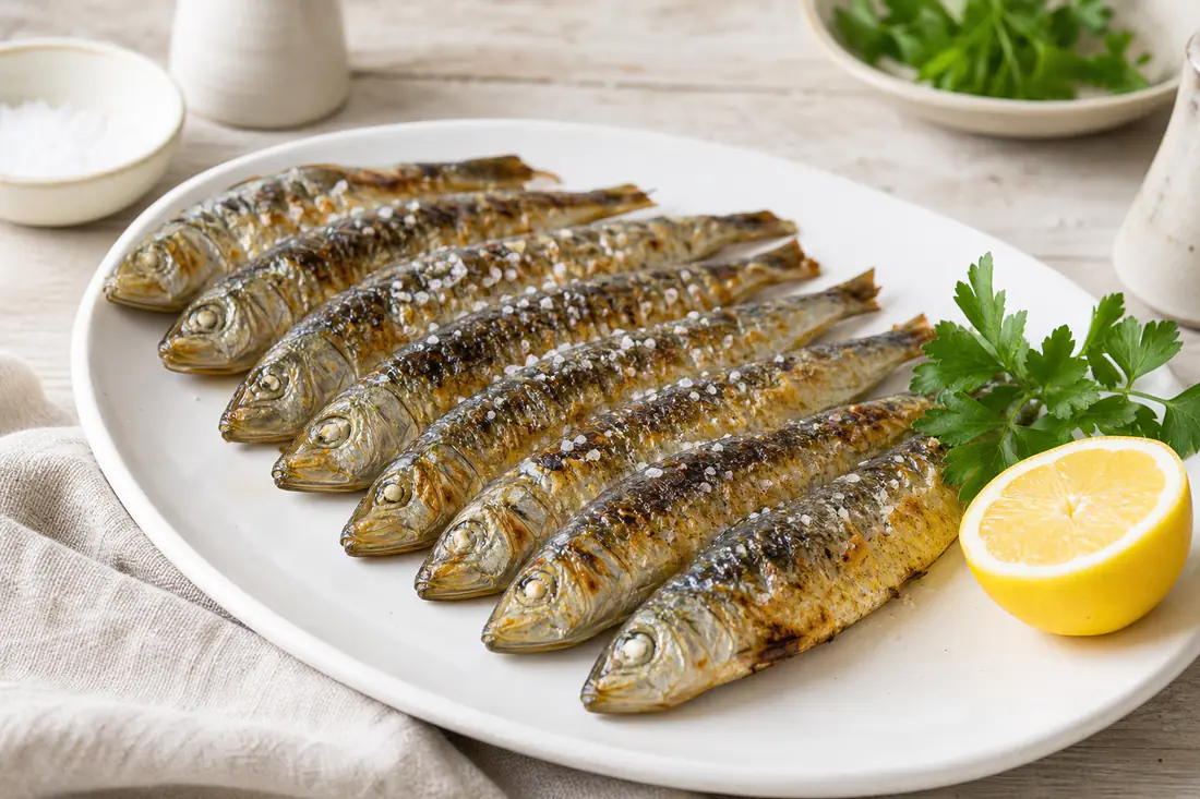 Sardinas enteras con la piel dorada y sal gruesa sobre un plato blanco, con medio limón y perejil fresco