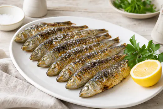 Sardinas enteras con la piel dorada y sal gruesa sobre un plato blanco, con medio limón y perejil fresco