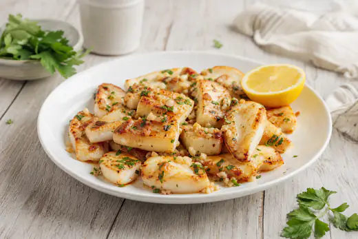 Trozos de sepia dorados con ajo y perejil picado en un plato blanco, con medio limón al lado