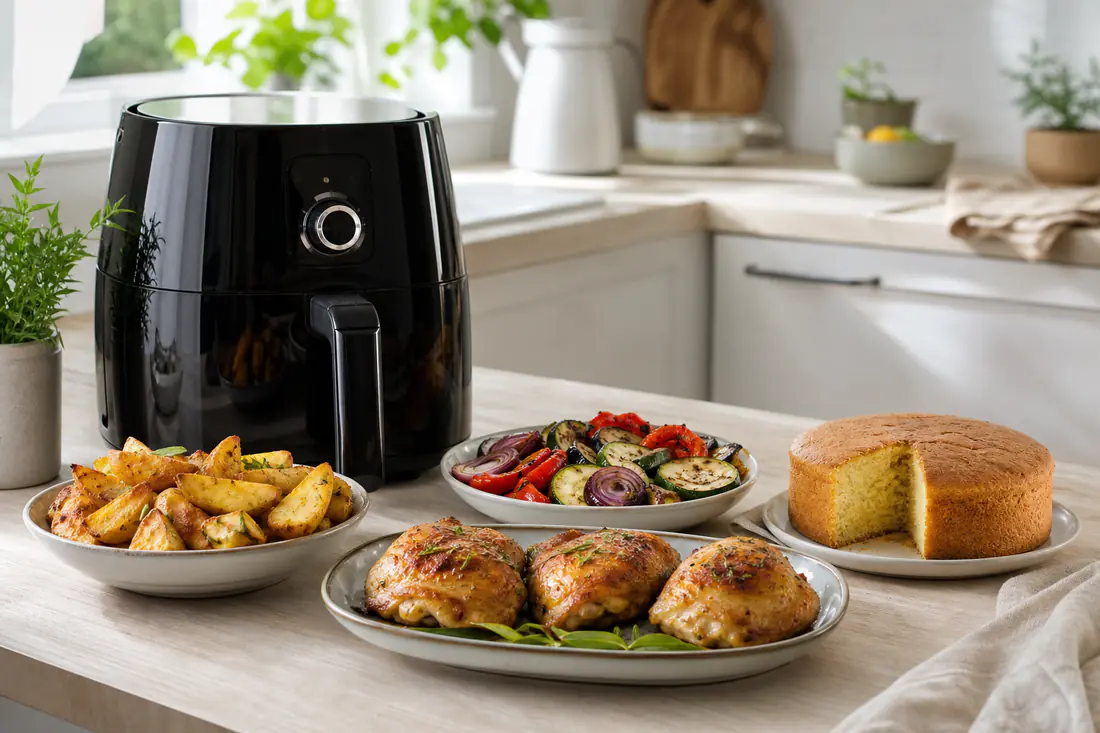 Freidora de aire en una cocina luminosa junto a patatas, muslos de pollo, verduras asadas y un bizcocho