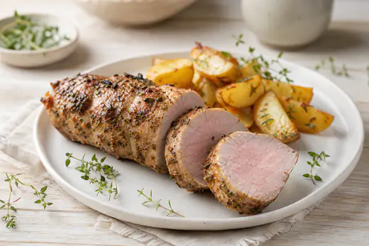 Solomillo de cerdo asado y cortado en medallones, dorado por fuera y rosado y jugoso por dentro, con tomillo y patatas