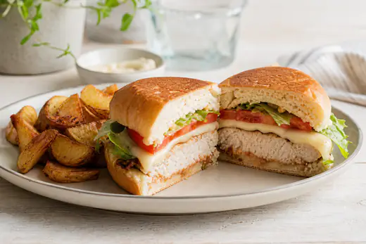 Hamburguesa de pollo en pan con lechuga, tomate y queso fundido, partida por la mitad, junto a patatas
