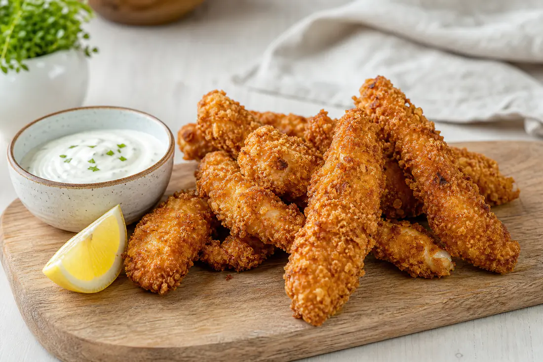 Tiras de pollo largas y crujientes rebozadas con panko, apiladas en una tabla de madera con salsa de yogur para mojar