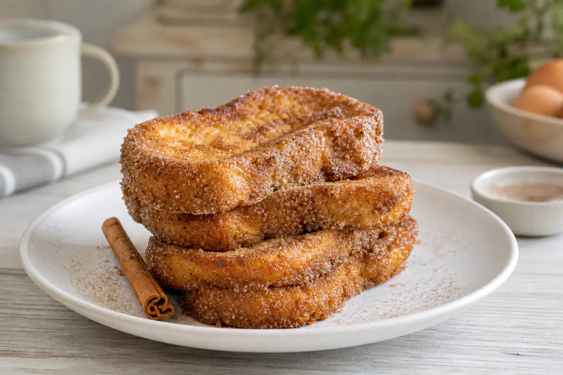 Torrijas doradas rebozadas en azúcar y canela, apiladas en un plato blanco con una rama de canela al lado