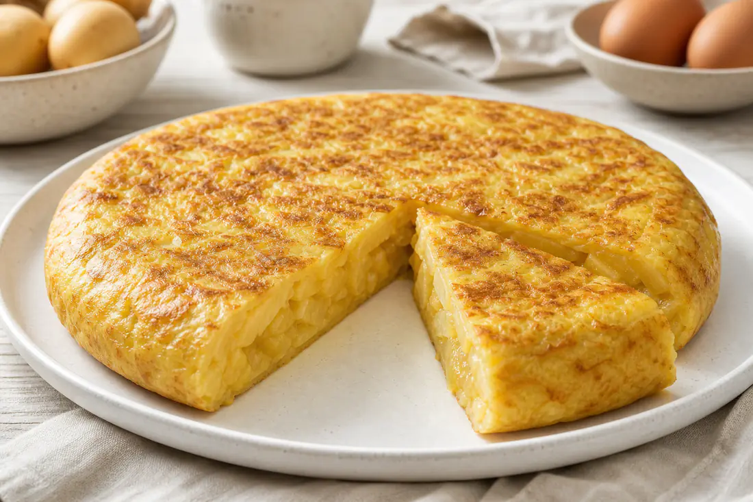 Tortilla de patatas redonda y gruesa, dorada por fuera, con un trozo cortado que deja ver el interior jugoso con patatas y cebolla