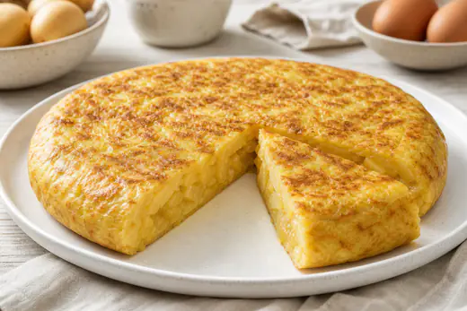 Tortilla de patatas redonda y gruesa, dorada por fuera, con un trozo cortado que deja ver el interior jugoso con patatas y cebolla