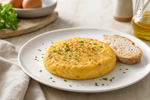Tortilla francesa dorada y esponjosa desmoldada sobre un plato blanco, con perejil picado y una rebanada de pan al lado