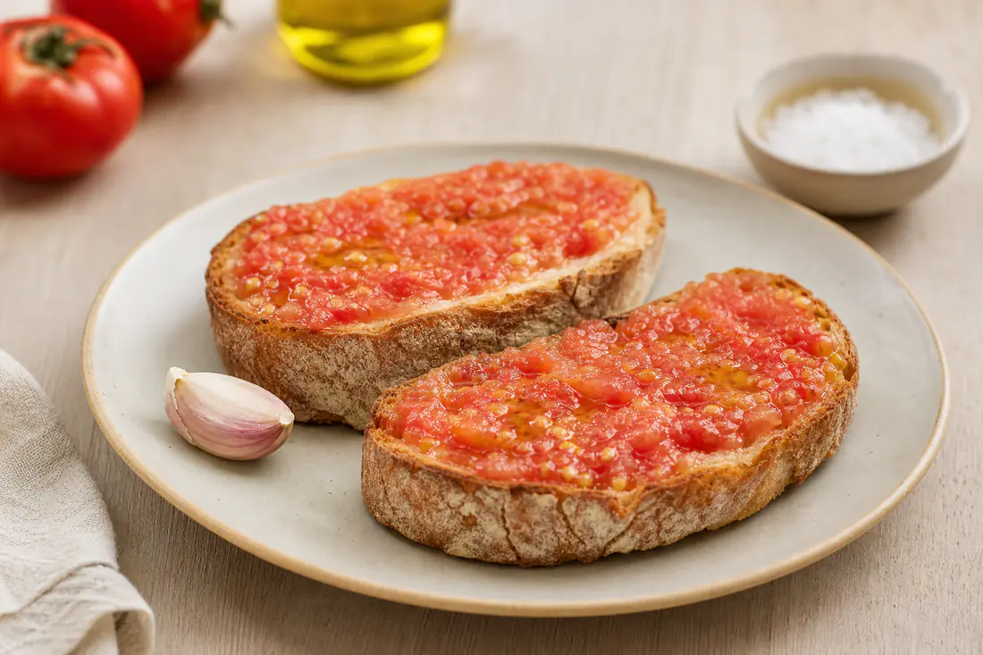 Dos tostadas de pan rústico doradas con tomate rallado y un chorrito de aceite de oliva en un plato