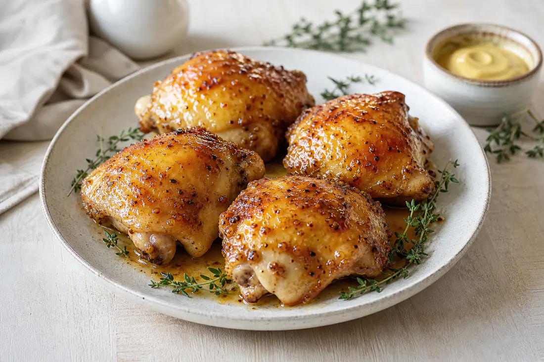 Cuatro contramuslos de pollo con hueso y piel dorada, brillantes por el glaseado de miel y mostaza, en una fuente