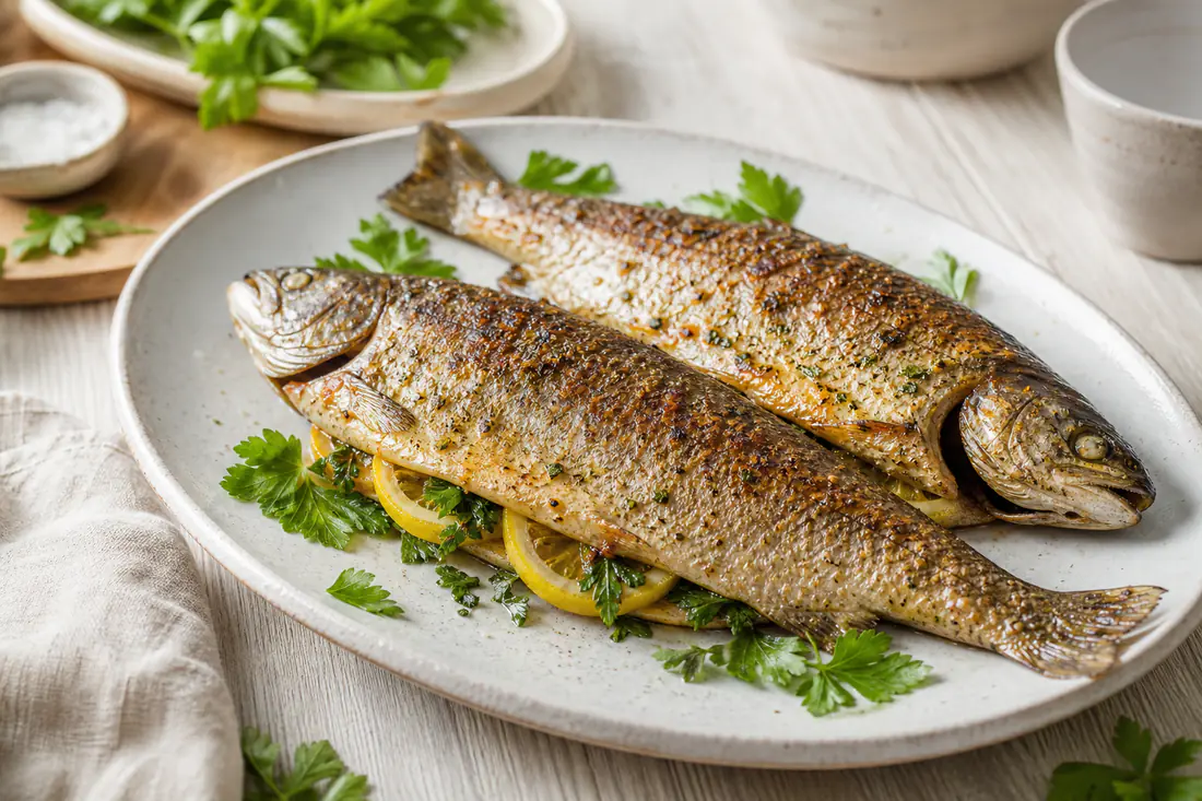 Dos truchas enteras asadas con la piel dorada, rellenas de rodajas de limón y perejil, sobre una fuente