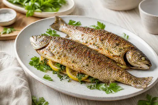 Dos truchas enteras asadas con la piel dorada, rellenas de rodajas de limón y perejil, sobre una fuente