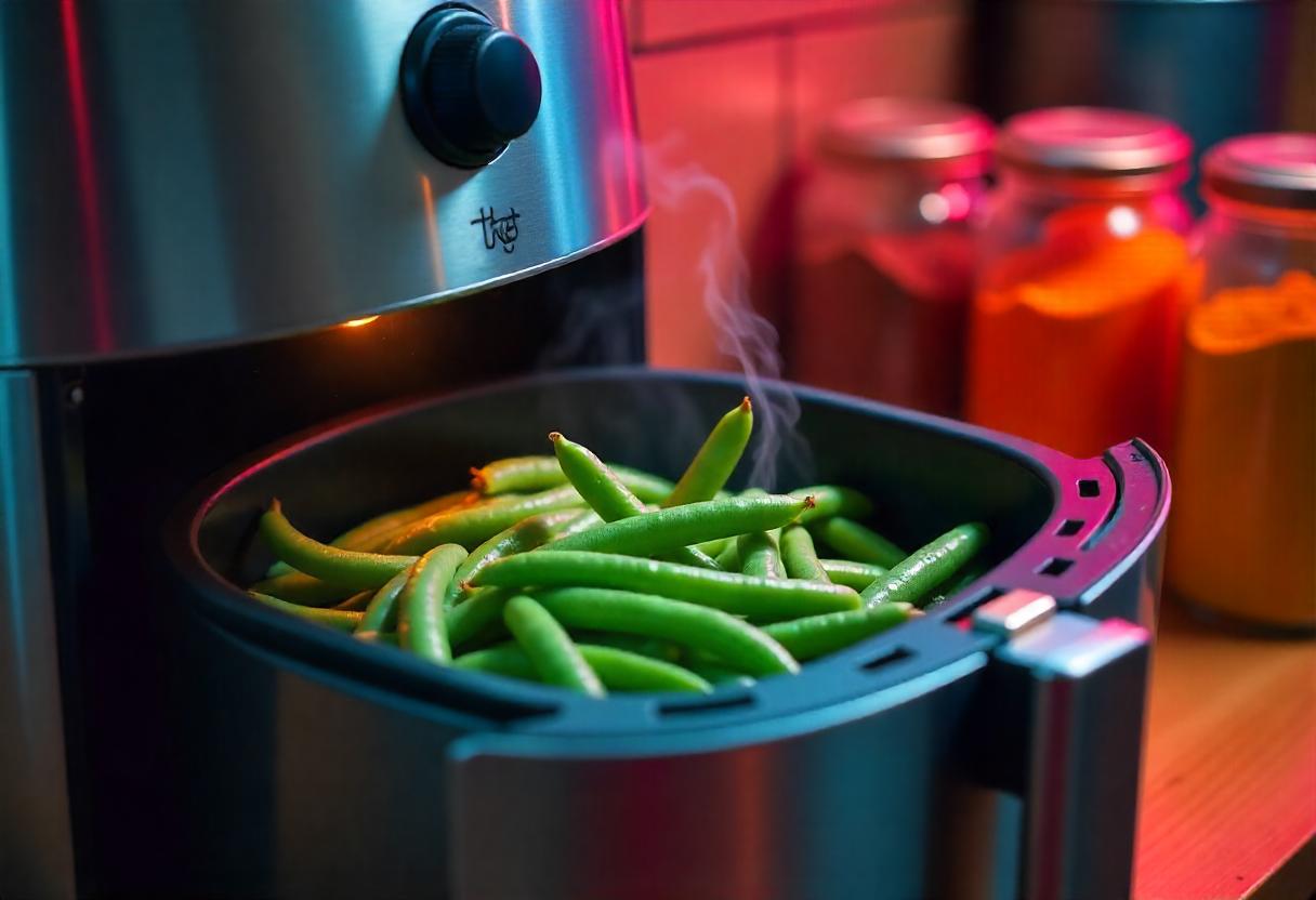 Judías verdes cocinadas en freidora de aire servidas en un plato blanco.